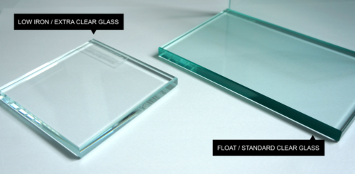 Low iron extra clear glass and Float Standard Clear glass samples